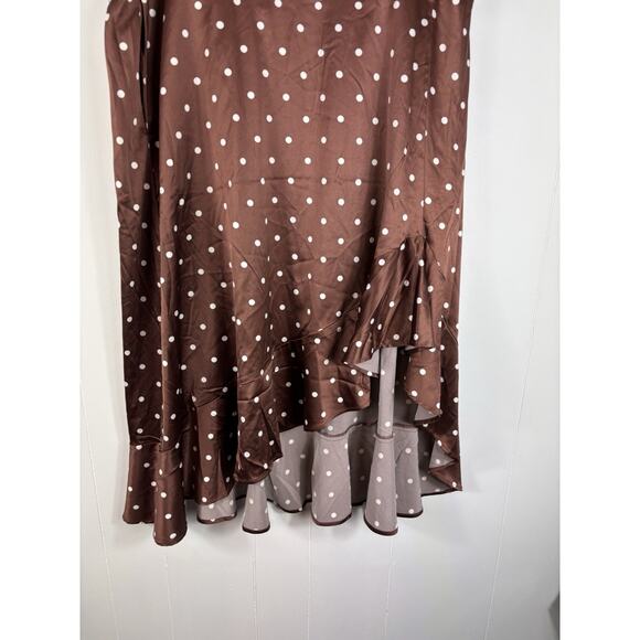 Torrid 2 2X Brown Satin Stretch Skirt White Dot Print Ruffle Slit 18-20 NEW - Picture 2 of 8